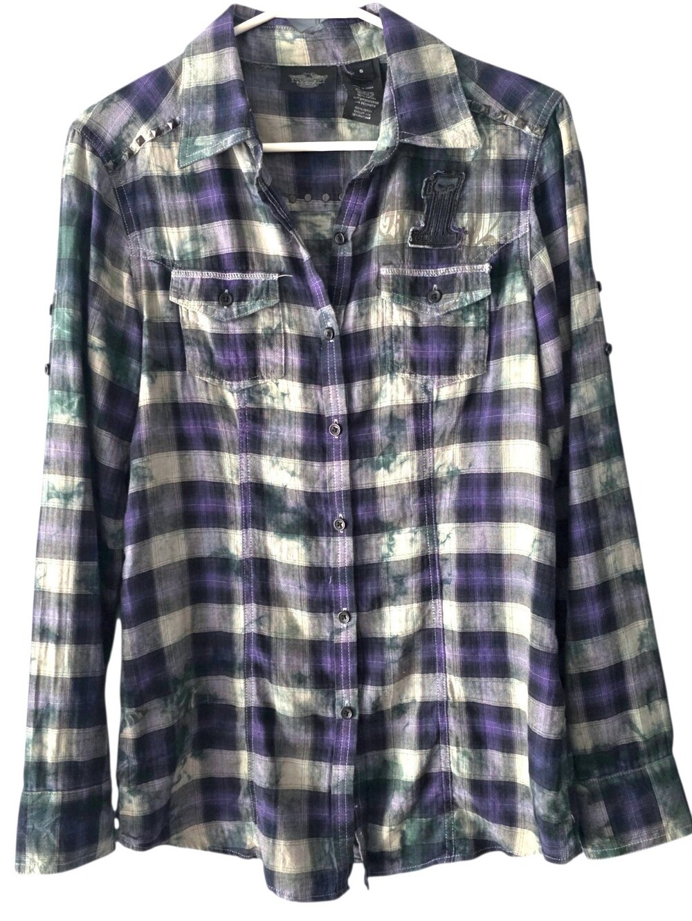 Harley-Davidson Studded Plaid Button Up Shirt Small Purple Moto Biker Cotton